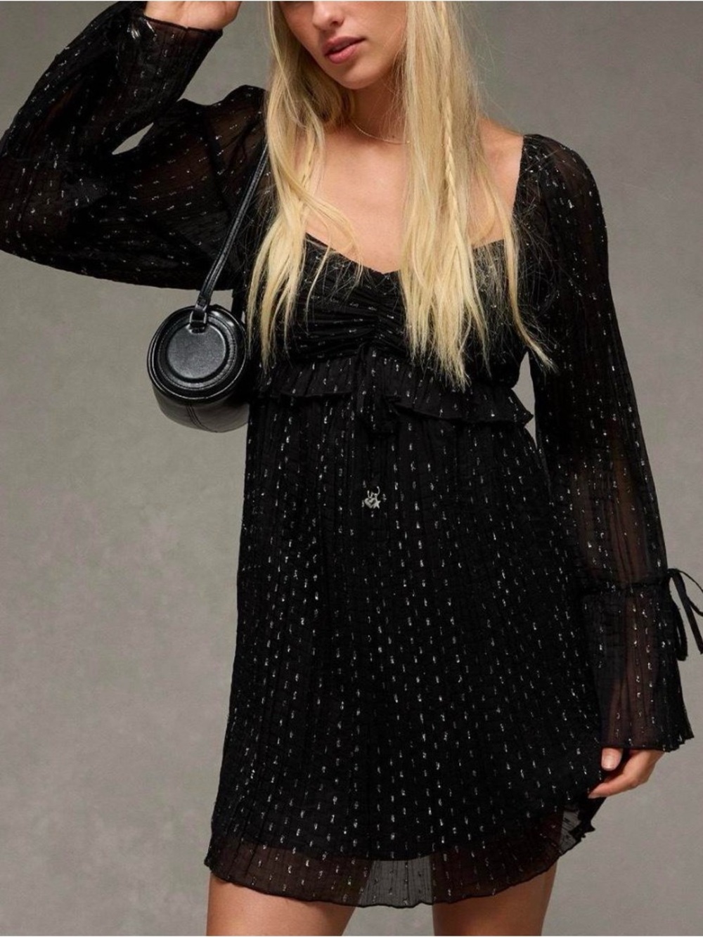 Black Sheer Long-Sleeve Mini Dress with Subtle Metallic Dots
